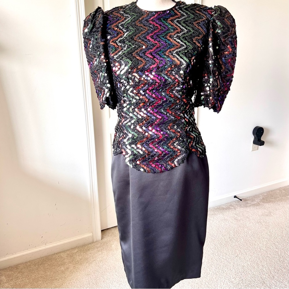 Vintage SCOTT MCLINTOCK Sequin Open Back Puff Sleeve Formal Cocktail Dress—SZ 10